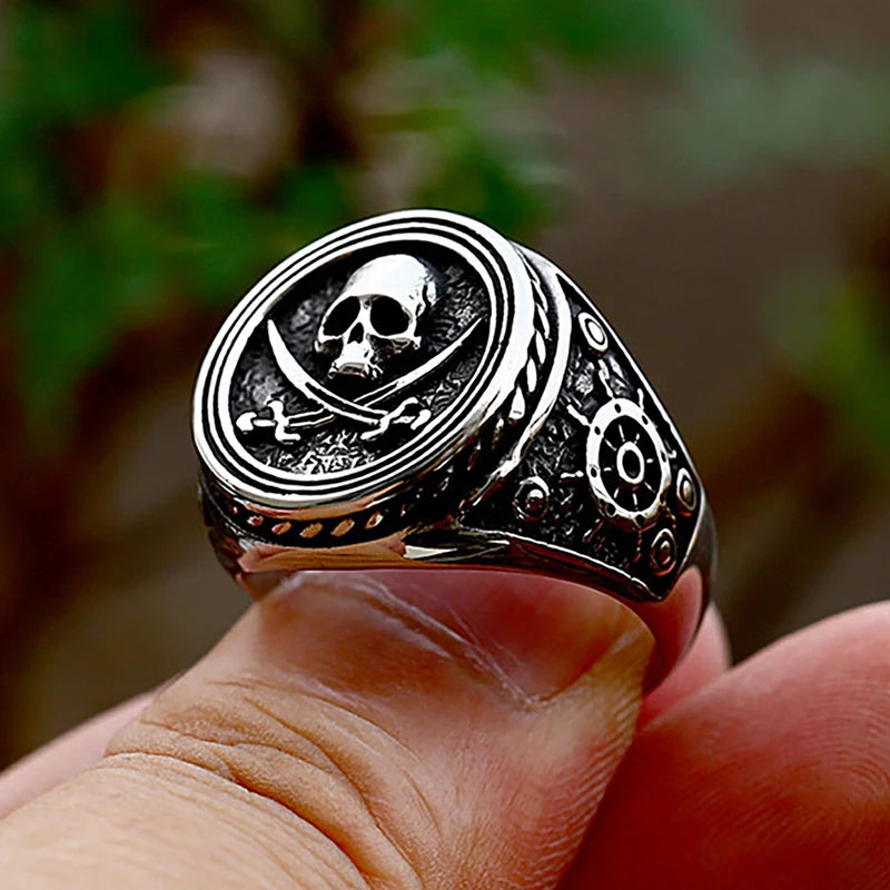 Vintage Double Knife Pirate Skull Ring Gothic Stainless Steel Jewelry for Men Boys