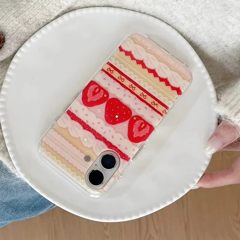 Cream Strawberry Cake Lace Bowknot Phone Case for iPhone - Shockproof Silicone Cover