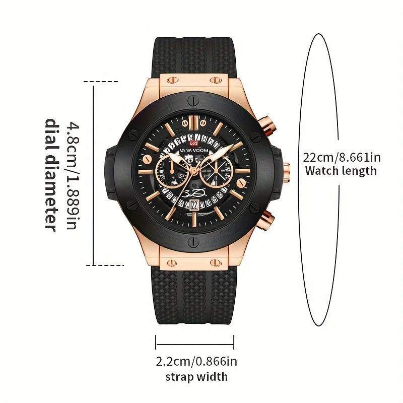 Men's Large Silicone Sport Watch 46mm Hollow Dial Rose Gold Military Style Quartz