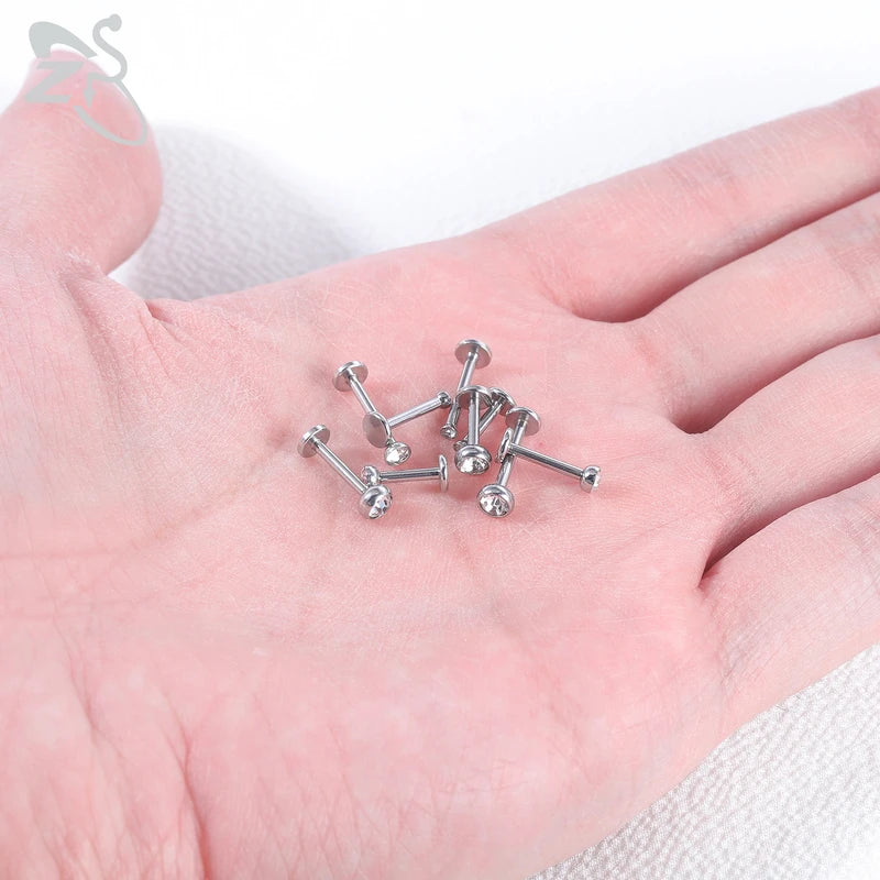 10 Pcs Stainless Steel Lip Piercing Set with CZ Crystals, 6/8/10MM - Men & Women