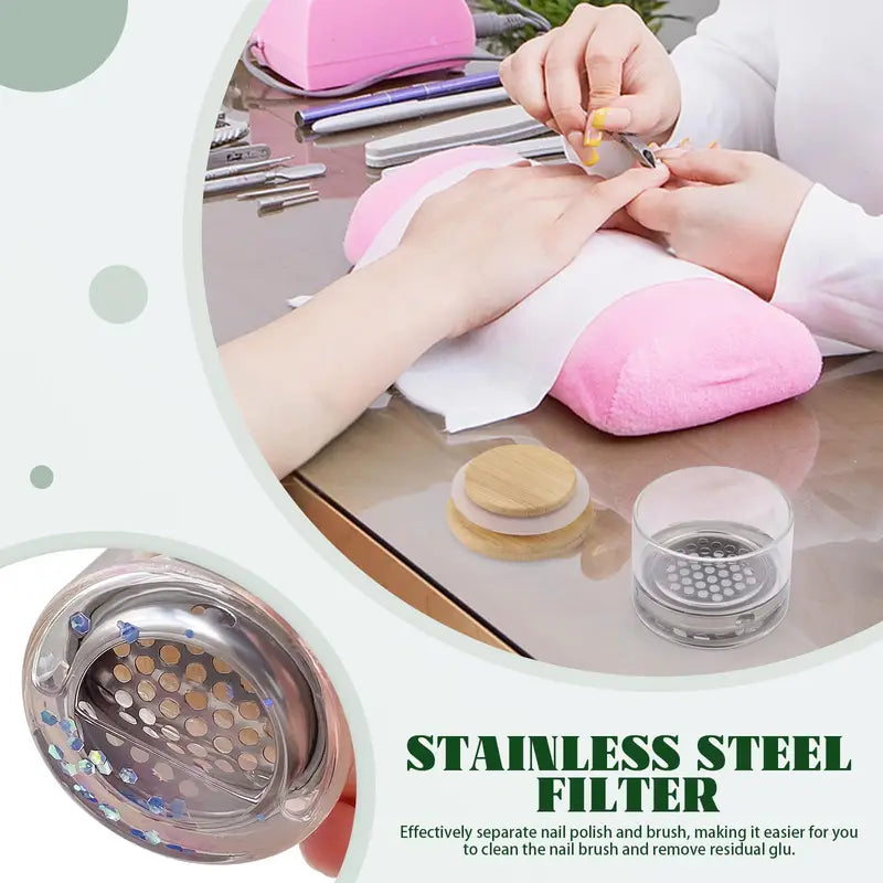 Nail Art Brush Cleaning Cup with Lid, Glass Dappen Dish for Glitter & Liquid Removal