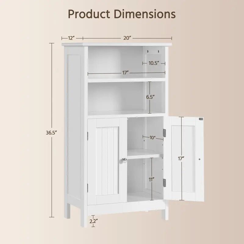 White Freestanding Storage Cabinet with Double Doors & Adjustable Shelves