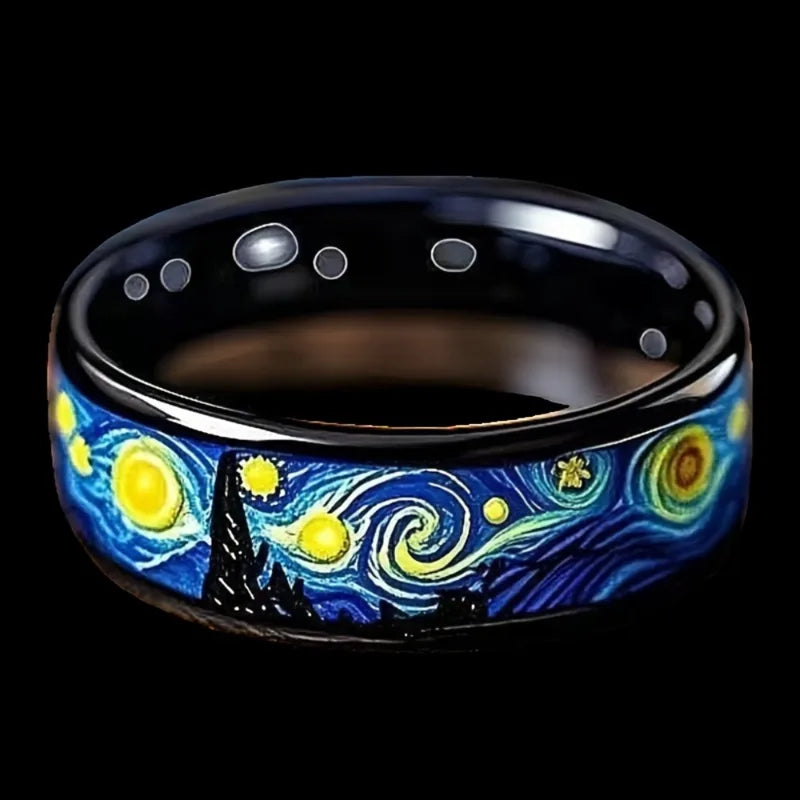 Starry Night Pattern Unisex Men Women Wedding Band Stainless Steel Ring