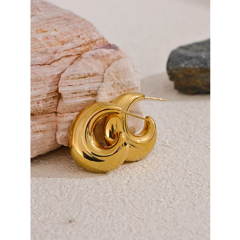 Women’s Chunky C-Shape Stainless Steel Earrings - 18K Plated Waterproof Jewelry