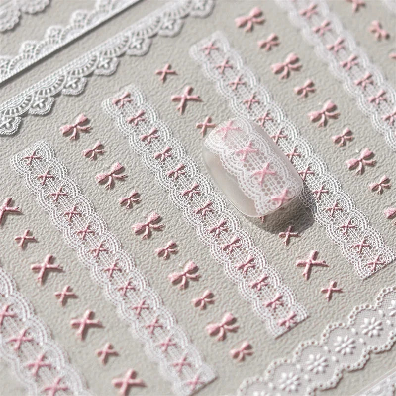 Self-Adhesive Nail Stickers with Pearl Lace Bow & Heart Designs for Manicure