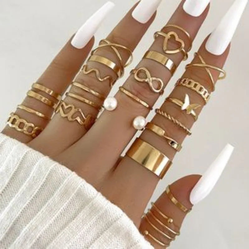 Luxury Gold Geometric Zircon Pearl Ring Set for Women - Multi-piece Jewelry Collection