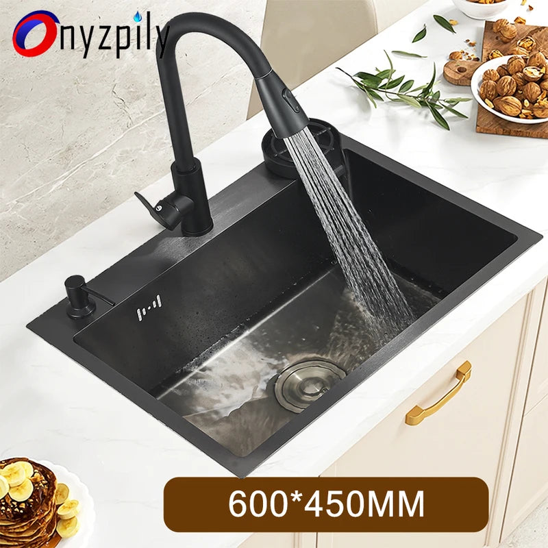Large Stainless Steel Kitchen Sink with Integrated Faucet & Drain Basket