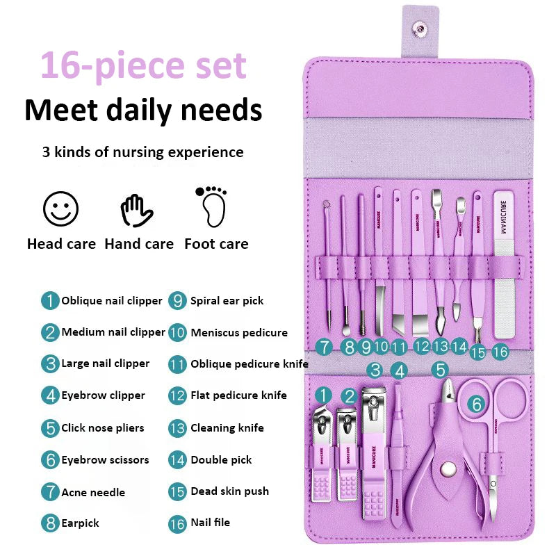 Stainless Steel Manicure & Pedicure Set 12/16 Pcs with Leather Portable Case - Gift Idea
