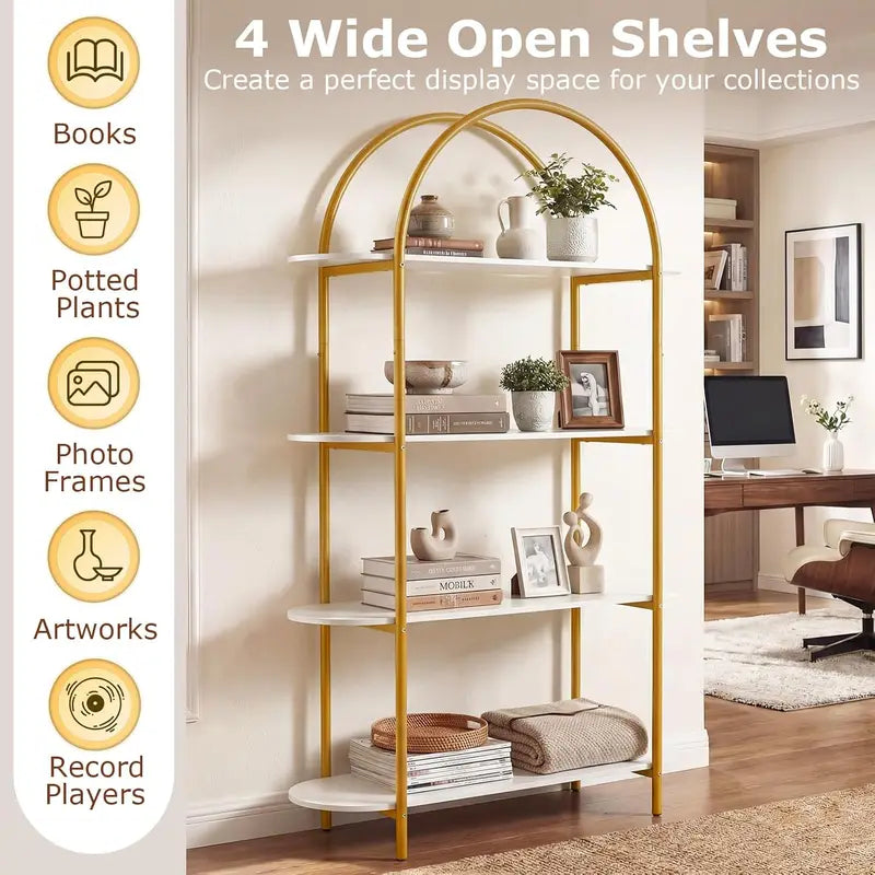 Arched 4-Tier Metal Frame Bookshelf - Modern Open Storage Organizer, Home Office & Living Room