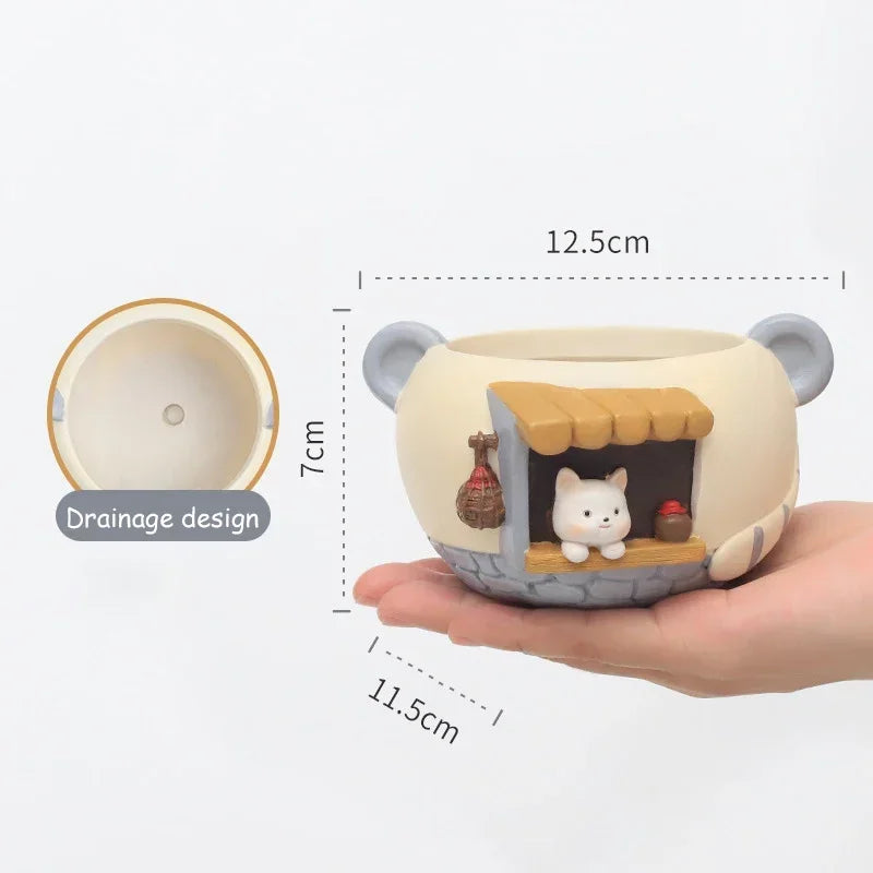 Cute Kitty Fox Small Plant Pot - Resin Succulent Planter for Home Office Decor
