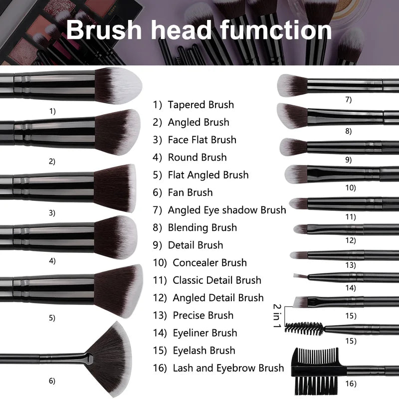 Professional 16-Piece Makeup Brush Set with Soft Synthetic Bristles for Face Eye Contouring