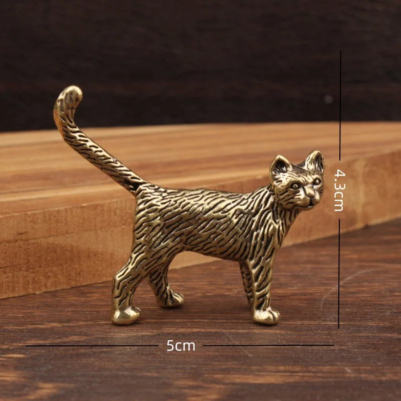 Retro Brass Cat Figurine Metal Animal Home Decor Cute Long-Tailed Cat Miniature Ornament