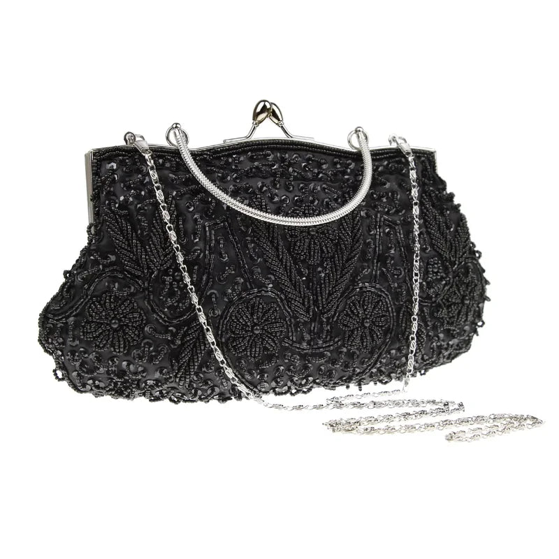 Women's Beaded Embroidered Small Evening Clutch Bag with Chain Shoulder Strap