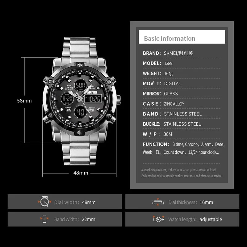 Men's Digital Quartz Wristwatch with Steel Strap & Countdown Timer