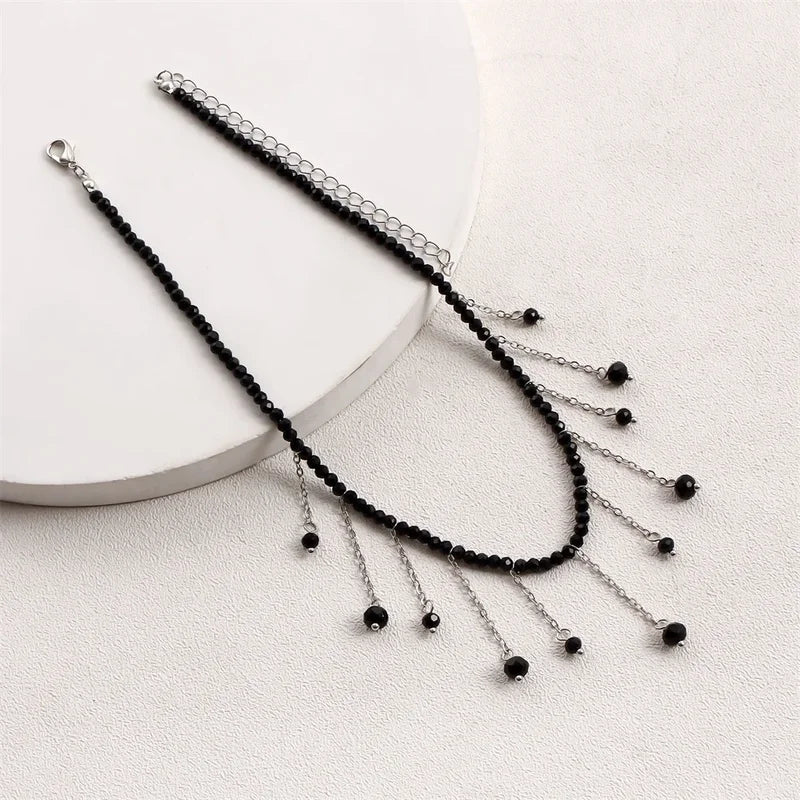 Vintage Black Bead Chain Necklace with Silver Plated Tassel Pendant for Women