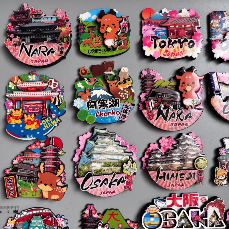Japanese Tourism Wooden Fridge Magnet Souvenir with Nara Tokyo Osaka Kyoto Mount Fuji Cherry Blossoms