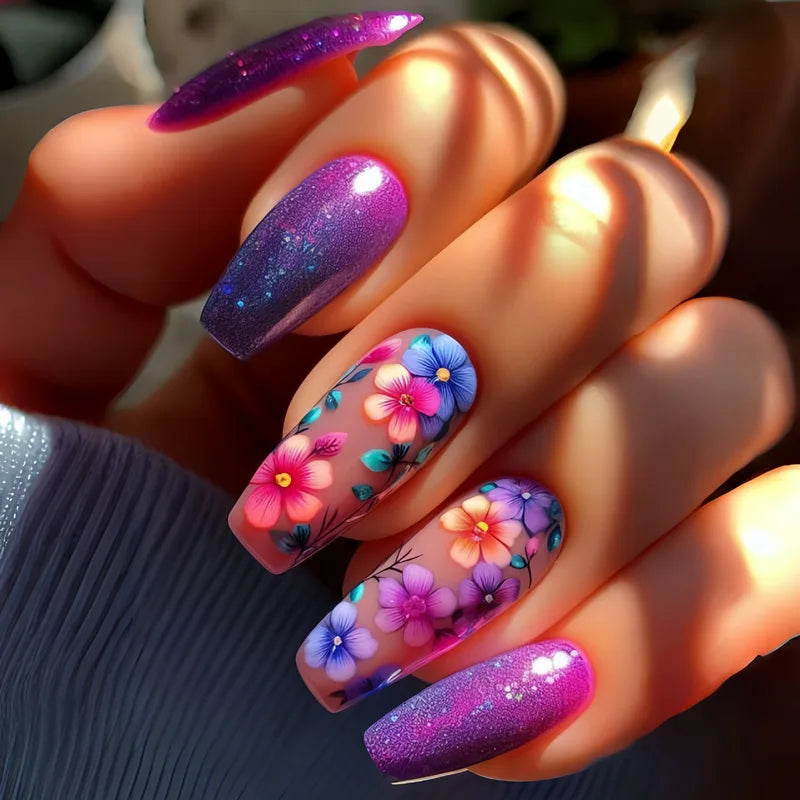 24pcs Short to Long Fake Nail Set for Spring & Summer Nail Art with Flowers & Butterfly Designs