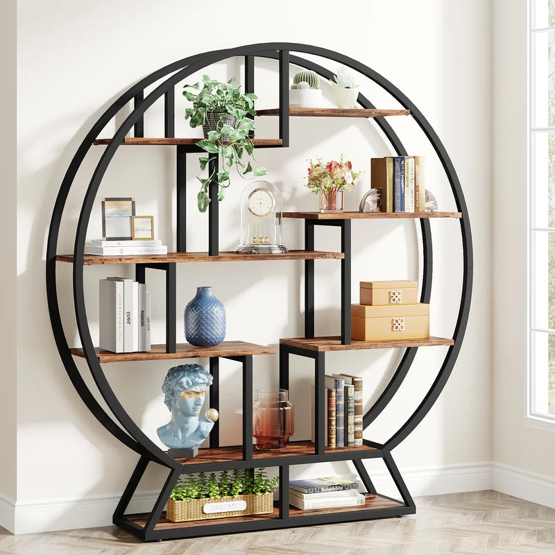 Industrial Round Bookshelf with Staggered Shelves - 63-Inch Wood Bookcase
