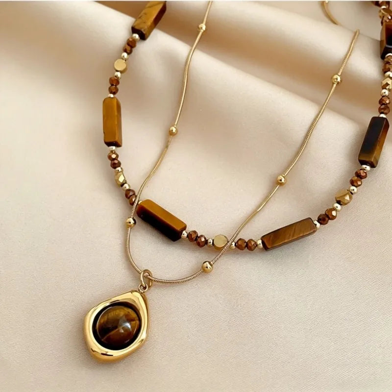Retro Tiger Eye Pendant Necklace for Women Jewelry Layered Collarbone Chain