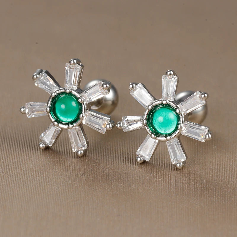 2-Piece Stainless Steel Tiny Stud Earrings for Women with Green Crystal Zirconia - Cartilage Helix Tragus Piercing Jewelry