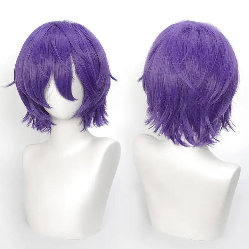 Short Cosplay Wig 12 Inch Blue and Purple Wavy Bob with Bangs Anime Hair Heat Resistant Synthetic Fiber