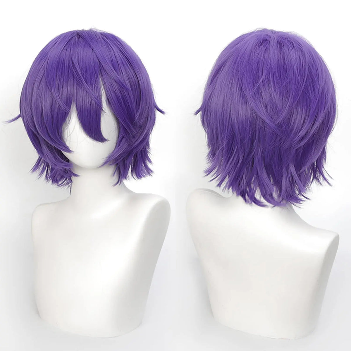 Short Cosplay Wig 12 Inch Blue and Purple Wavy Bob with Bangs Anime Hair Heat Resistant Synthetic Fiber