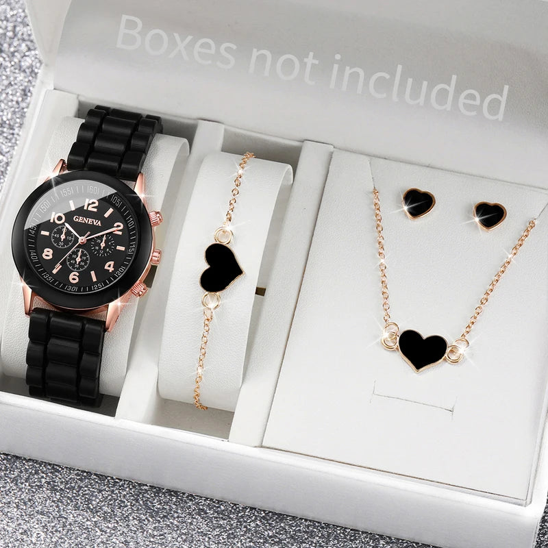 Women’s Fashion Quartz Watch Set with Silicone Band and Jewelry Accessories 5-6PCS