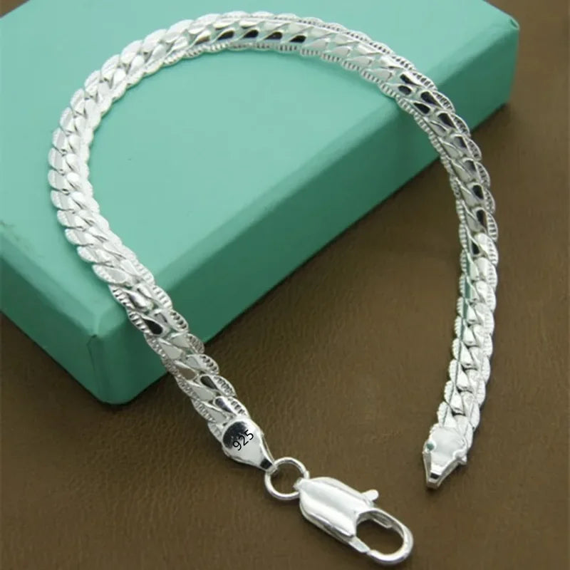 Sterling Silver Bracelet 6mm Flat Chain with Lobster Clasp for Men Women Jewelry