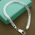 Sterling Silver Bracelet 6mm Flat Chain with Lobster Clasp for Men Women Jewelry