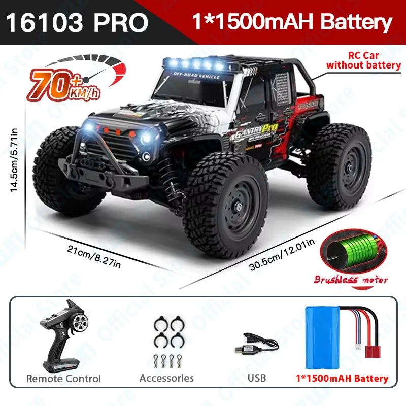 High-Speed 1:16 RC Drift Monster Truck with LED Remote Control, 50KM/H-70KM/H