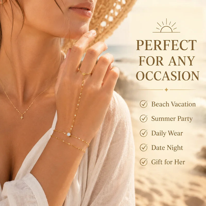 Adjustable Gold Plated Stainless Steel Hand Chain Ring Bracelet for Women - Summer Party Jewelry