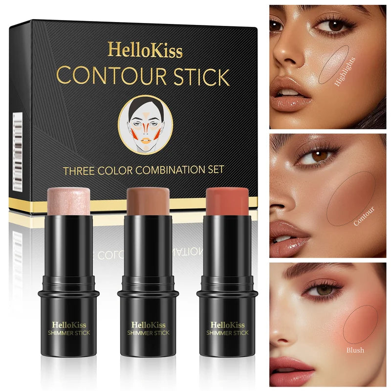 3-Piece Cream Contouring Stick Set for Face - Highlighter, Blush & Contour