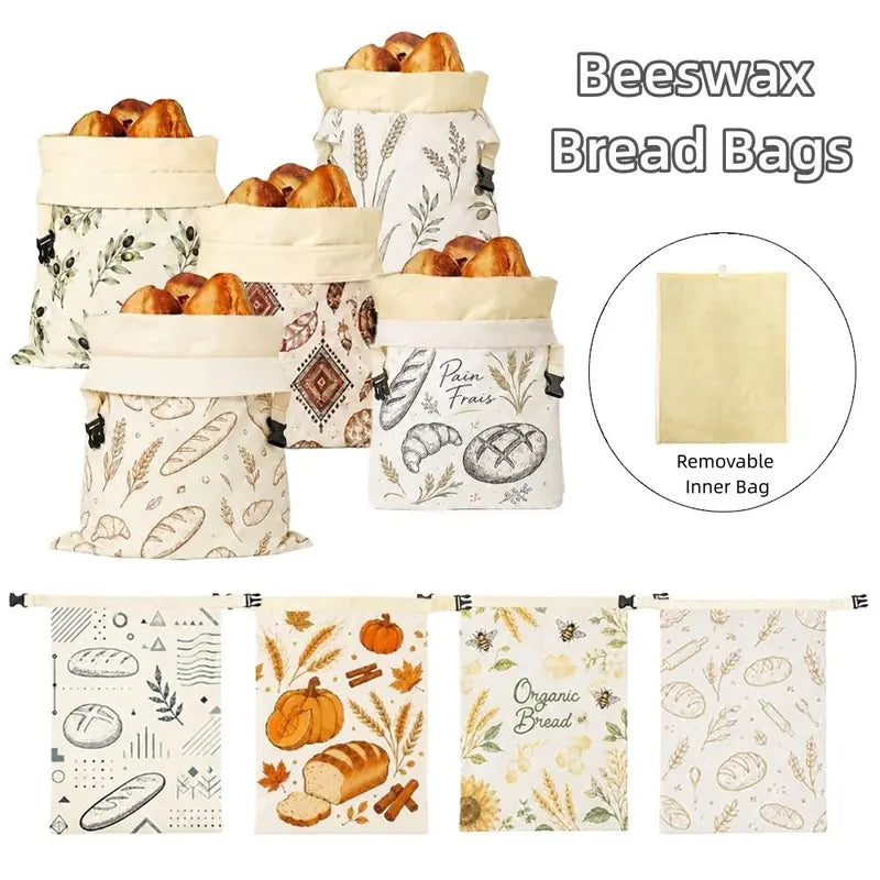 Breathable Cotton Beeswax Bread Bag with Lock Closure 43x33cm - Removable Inner Bag