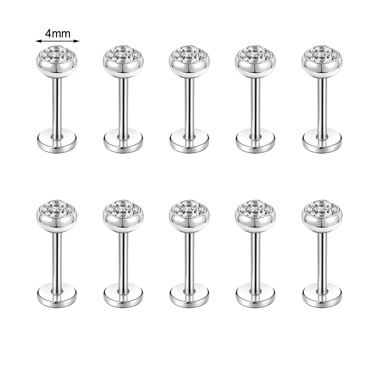 10 Pcs Stainless Steel Lip Piercing Set with CZ Crystals, 6/8/10MM - Men & Women
