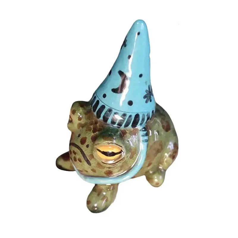 Cute Frog Garden Statue with Witch Hat - Hand-Painted Resin Outdoor Decor