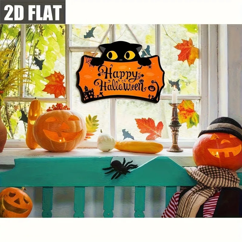 Halloween Wooden Hanging Sign Black Cat Pumpkin Bat Spider Door Decor for Porch