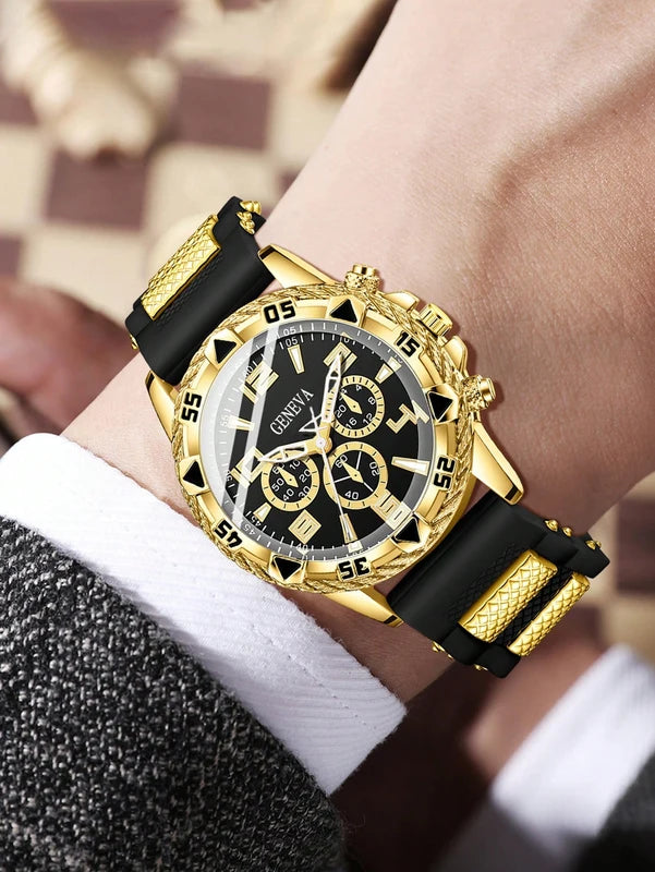 Casual Men's Quartz Watch & Chain Ring Set - Stylish Daily Accessory Combo