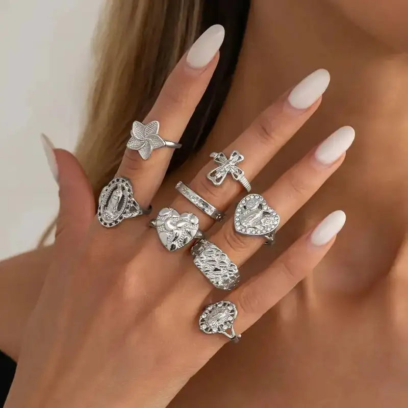 8-Piece Gold Cross Virgin Mary Open Ring Set Women’s Jewelry with Heart Inlaid Diamond Charm