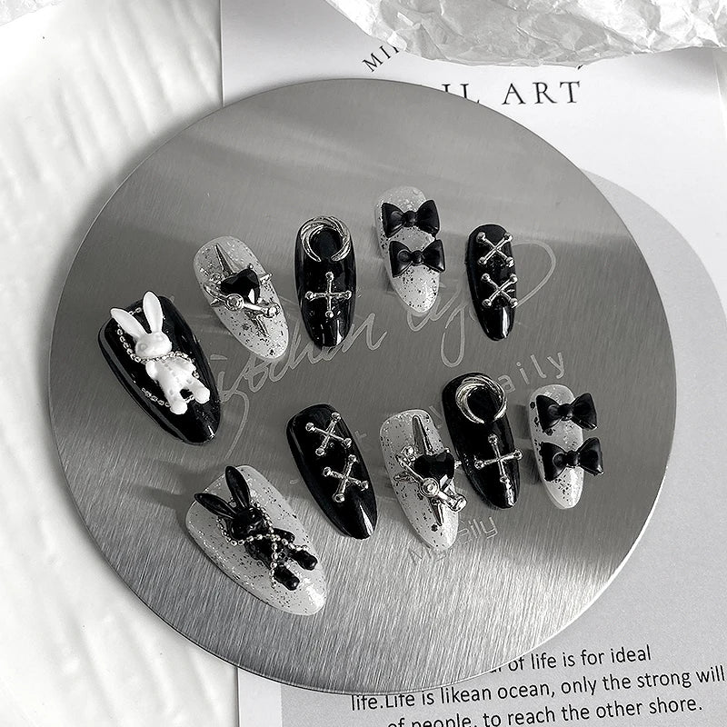 10pcs Handmade Almond Shaped Fake Nails with Halloween Bunny Design – Multiple Colors