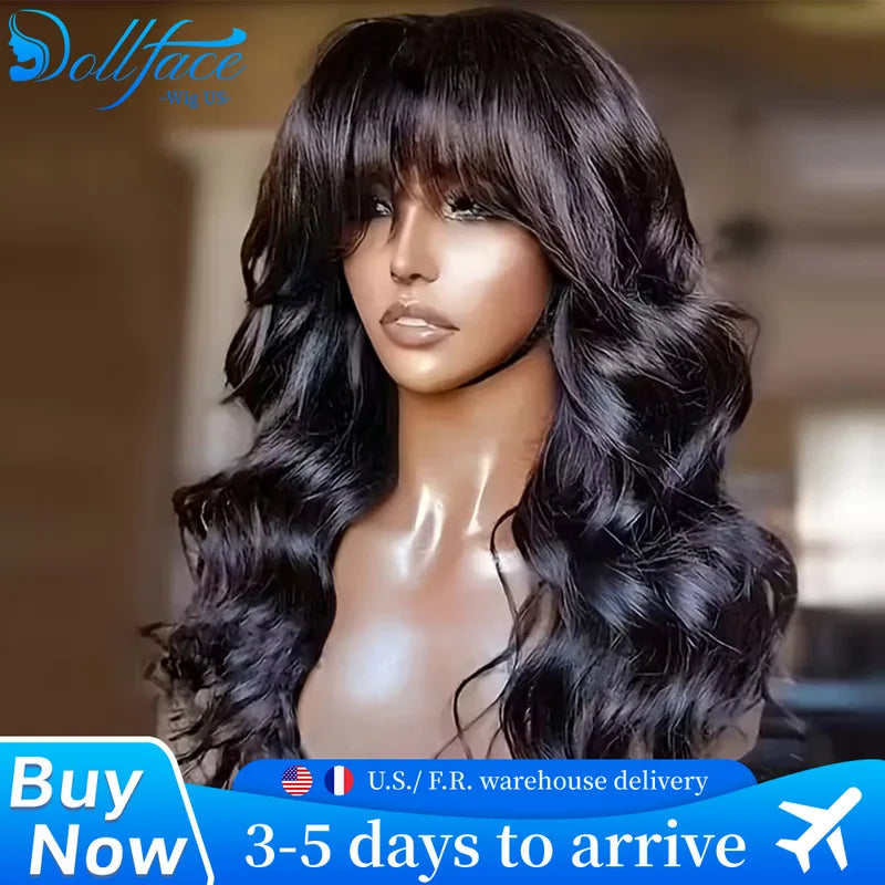 Body Wave Human Hair Wigs with Bangs - Full Machine Made Lace Wig, Brazilian Natural Color