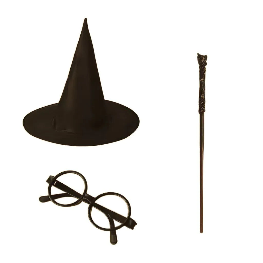 Halloween Wizard Costume Accessory Set with Witch Hat Glasses and Magic Wand - Cosplay Props