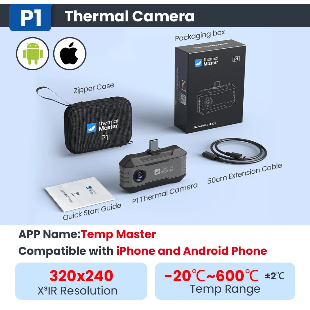 Thermal Imager P1 for USB-C Phones - 320x240 IR Resolution, 25Hz, 600°C Temp Range