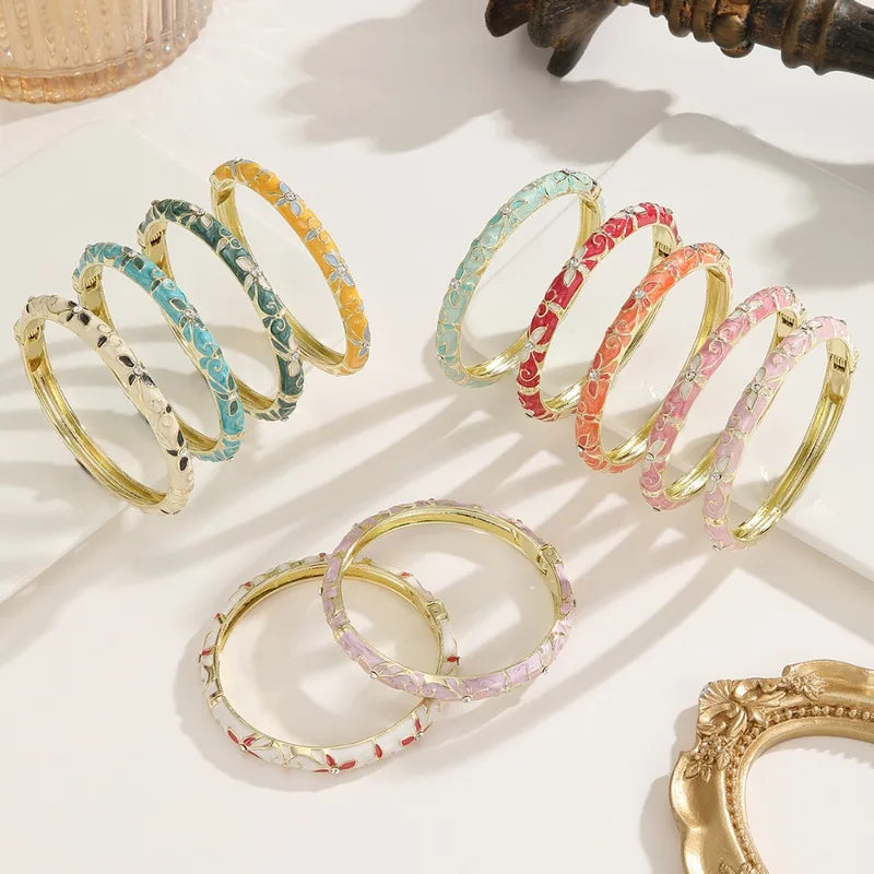 Colorful Floral Enamel Bracelet for Women - Gold Tone Open Cuff Jewelry