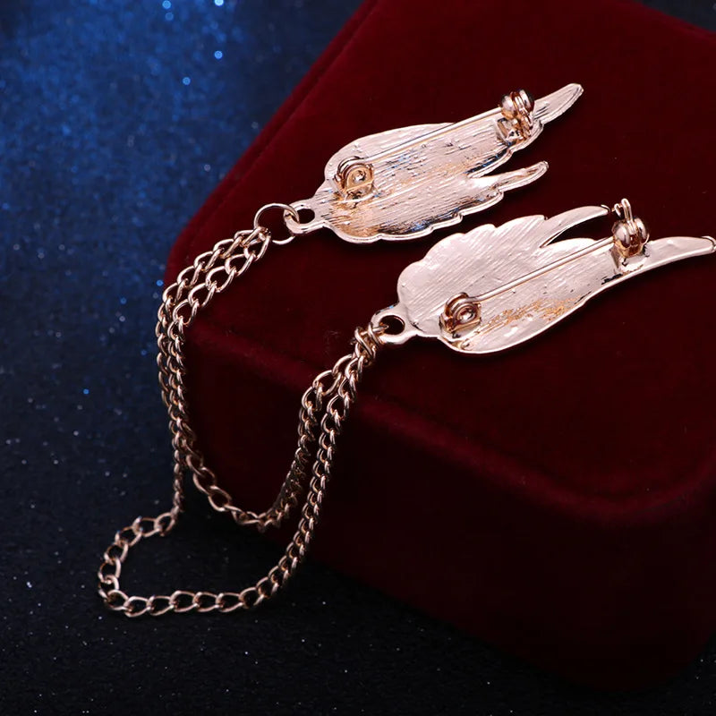 Crystal Angel Wing Brooch Lapel Pin Chain Accessories for Men Women
