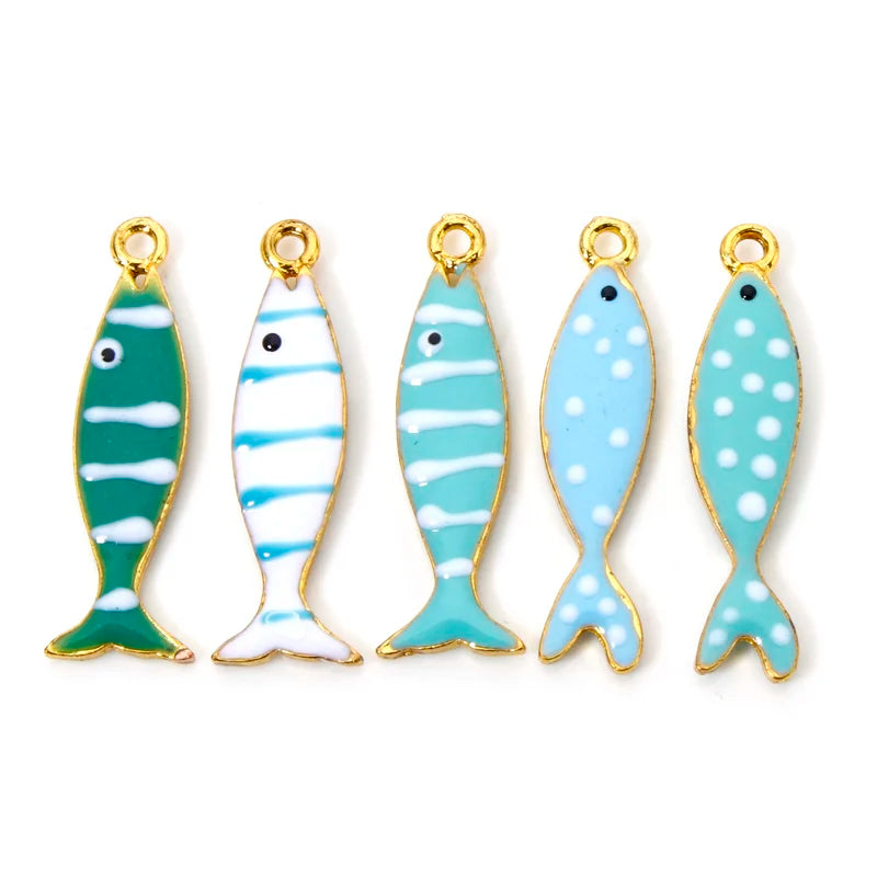 5-Piece Zinc Alloy Double-Sided Enamel Fish Animal Charms Jewelry Pendants
