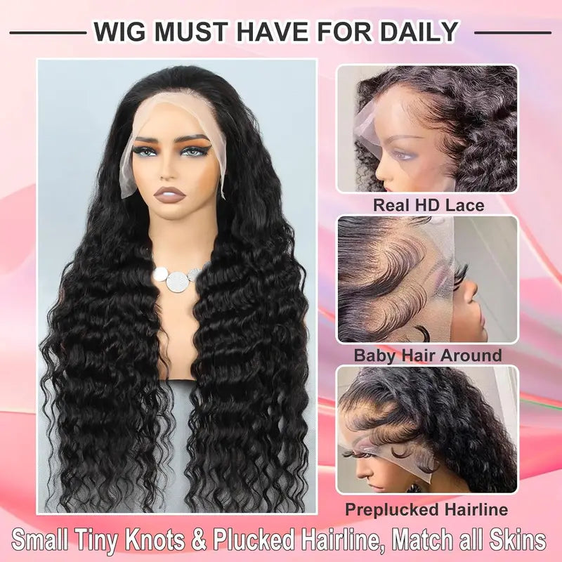 Deep Wave Human Hair Wig 13x6 HD Lace Front Pre-Plucked 200% Density for Women