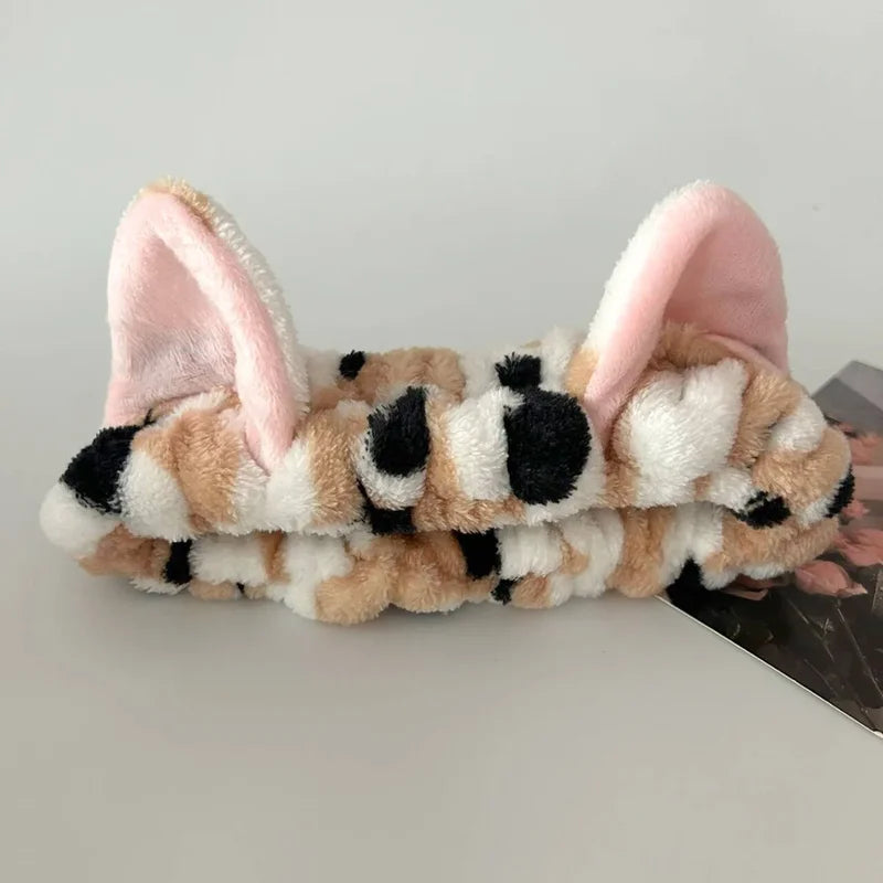 3PCS Cat Ear Leopard Print Plush Headbands for Women Girls Spa Face Makeup