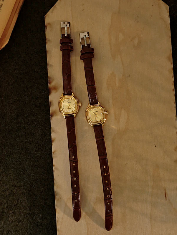Mini Gold Square Dial Women's Wristwatch - Vintage-Style, Water-Resistant with Leather Band