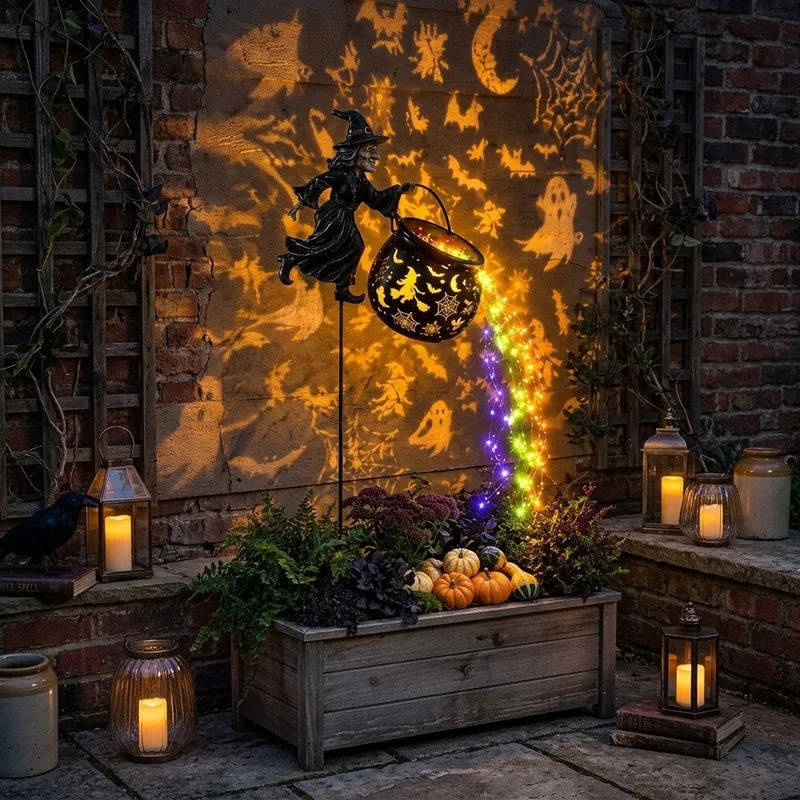 Halloween Outdoor Witch Cauldron Light with Projection Stake - Garden & Lawn Decor