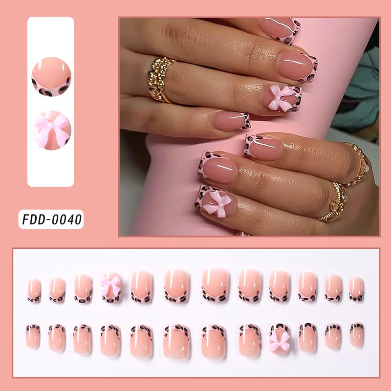 24Pcs Short Square Leopard French False Nails with Bowknot - Autumn & Winter Wearable Fake Nails